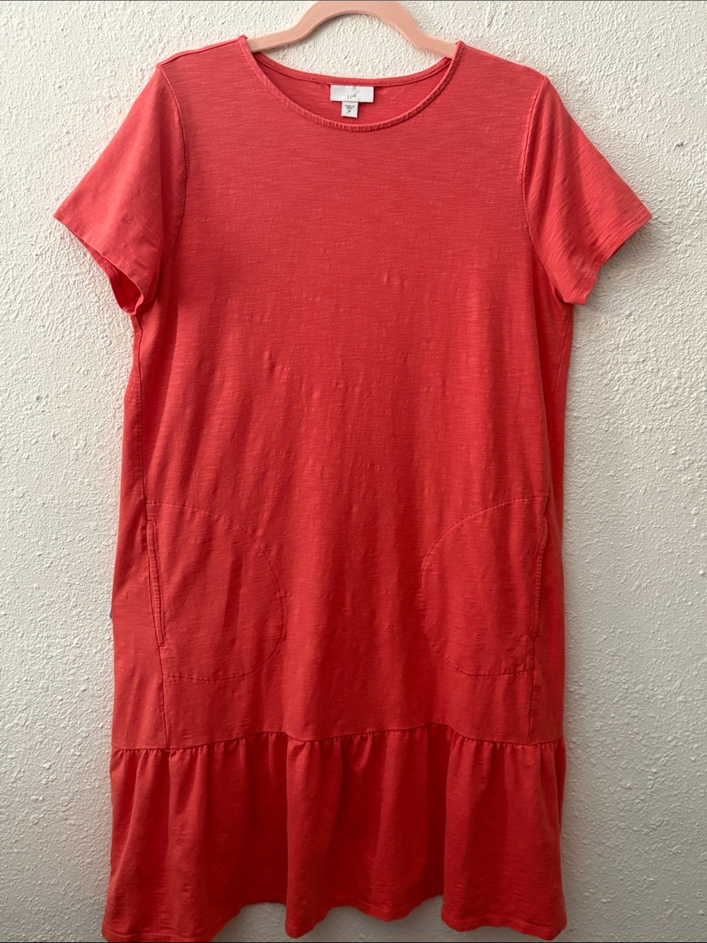 J Jill Coral Pink Salmon Knit Ruffle Hem Midi Dress with Pockets - Size M